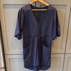 Navy Blue V-Neck Dress with Pockets